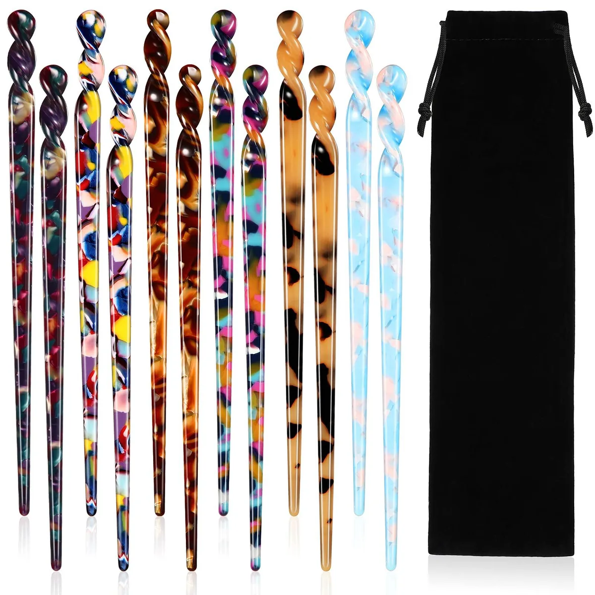  WILLBOND-Chopsticks-37 Acetate Hair Pins 12 Pieces 6 Styles Vivid Pattern — product photo