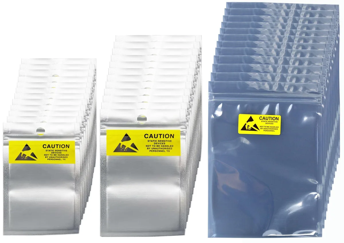 A stack of 36 translucent black zip-lock anti-static bags in three mixed sizes