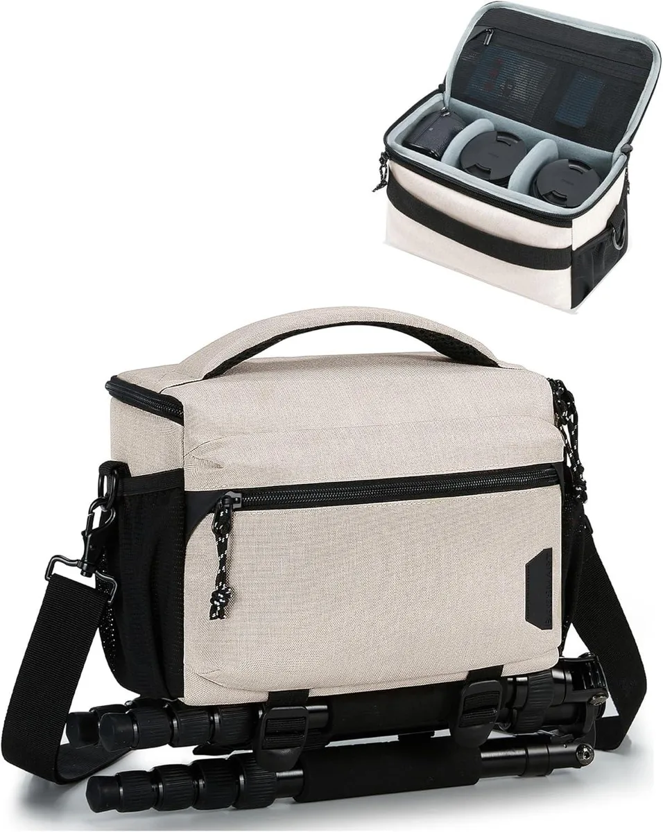 Ivory white compact camera shoulder bag with 10 mm padding