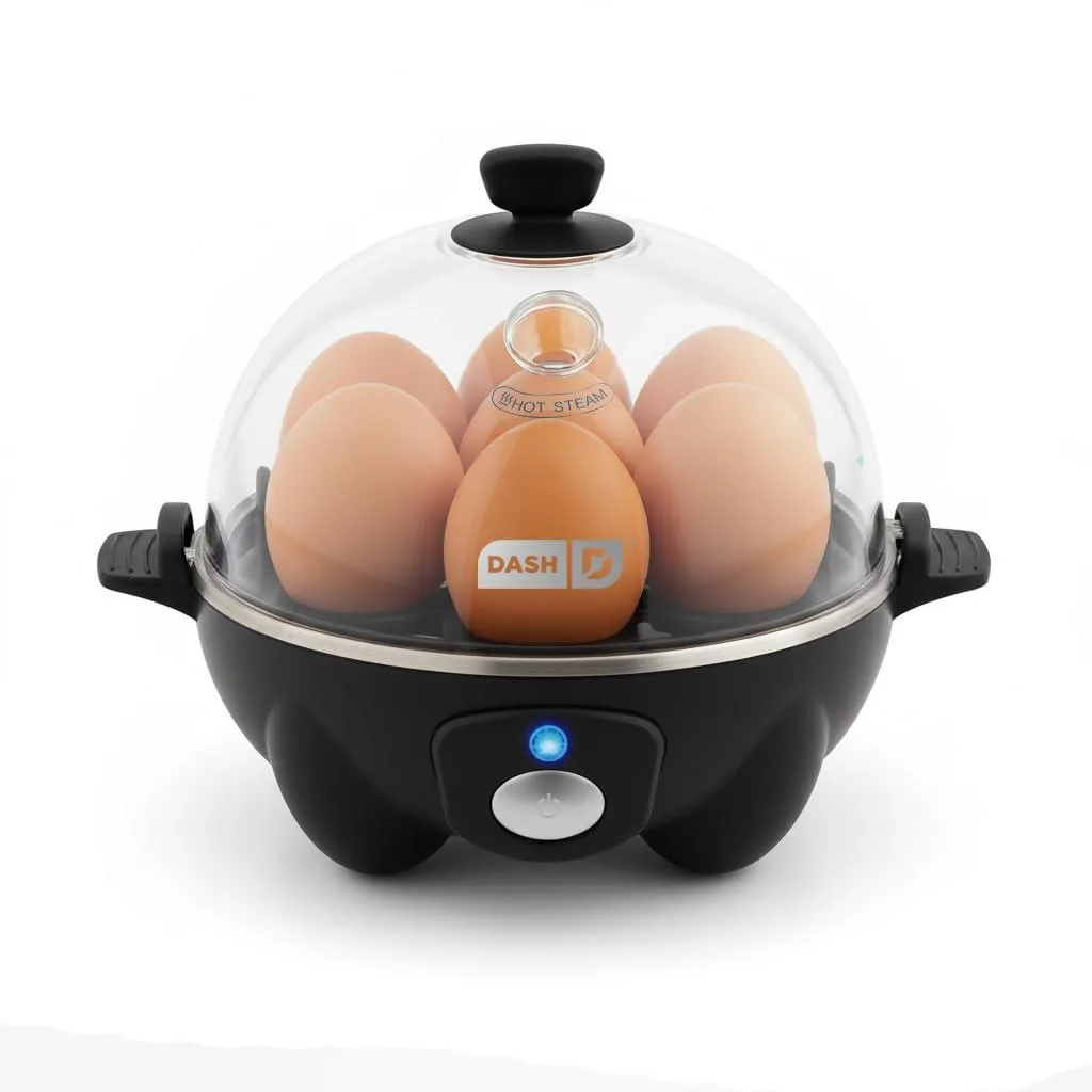Compact black egg cooker with clear lid and tray