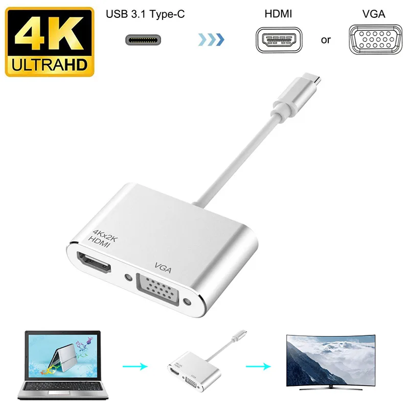 ESTONE ESTONE USB-C to HDMI VGA Hub 2 in 1 Multiport Dongle UHD 4K MBP Thunderbolt Silver — product photo