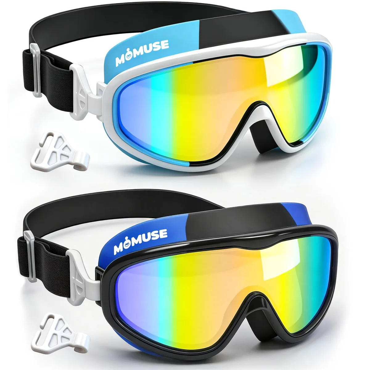 Two black kids' swim goggles with wide fabric straps and mirrored lenses