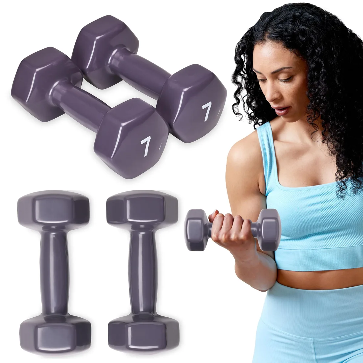 Pair of purple vinyl-coated dumbbells with hexagonal ends, sold as a 7 lb set