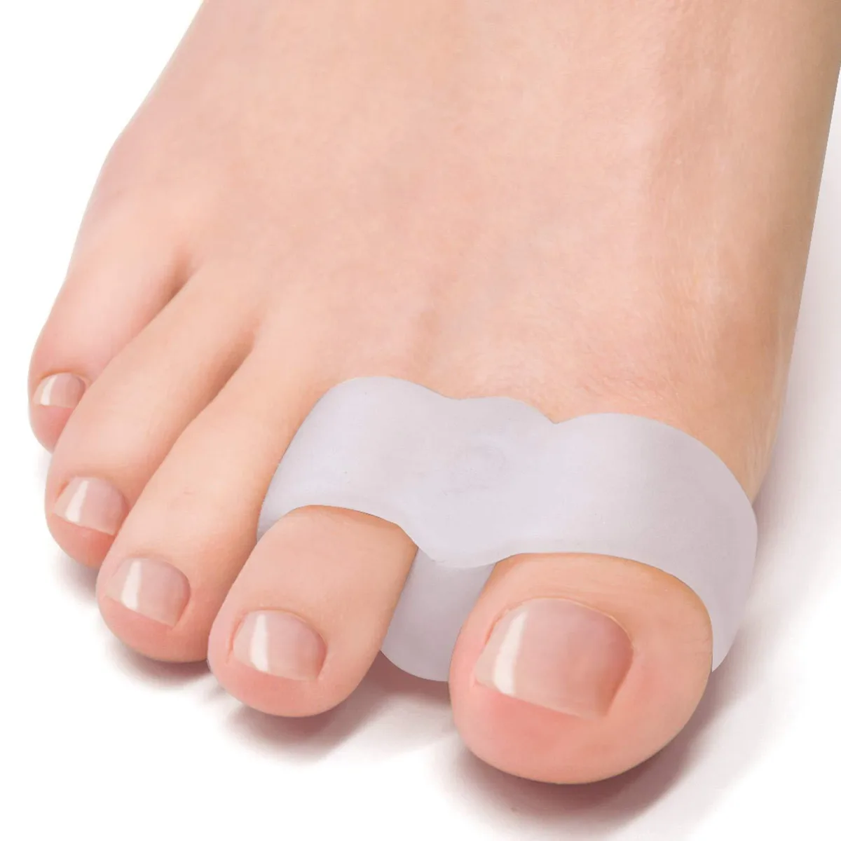Twelve white gel toe separators with double loops in a pack
