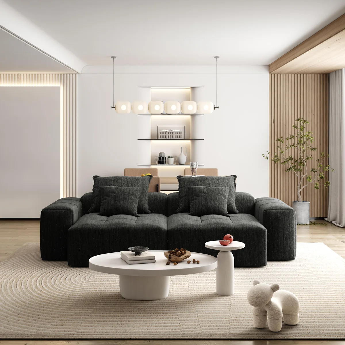 Black modular sectional with two chaises, two armrests, four pillows, tufted chenille fabric