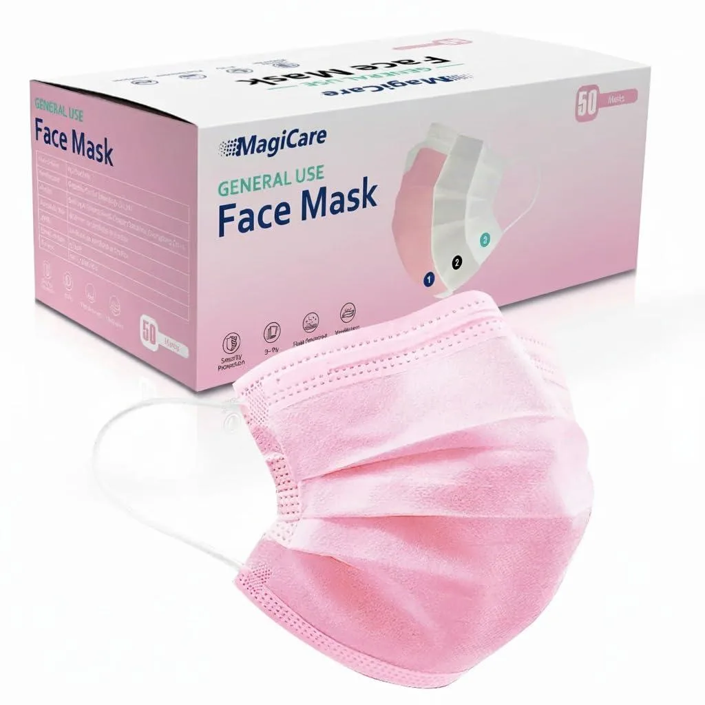 Box of 50 pink disposable 3-ply face masks with earloops and nose wire