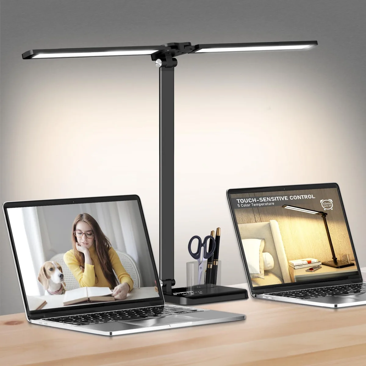 CHARYJOD LED desk lamp with dual swing arms, polished finish, USB port and pen holder