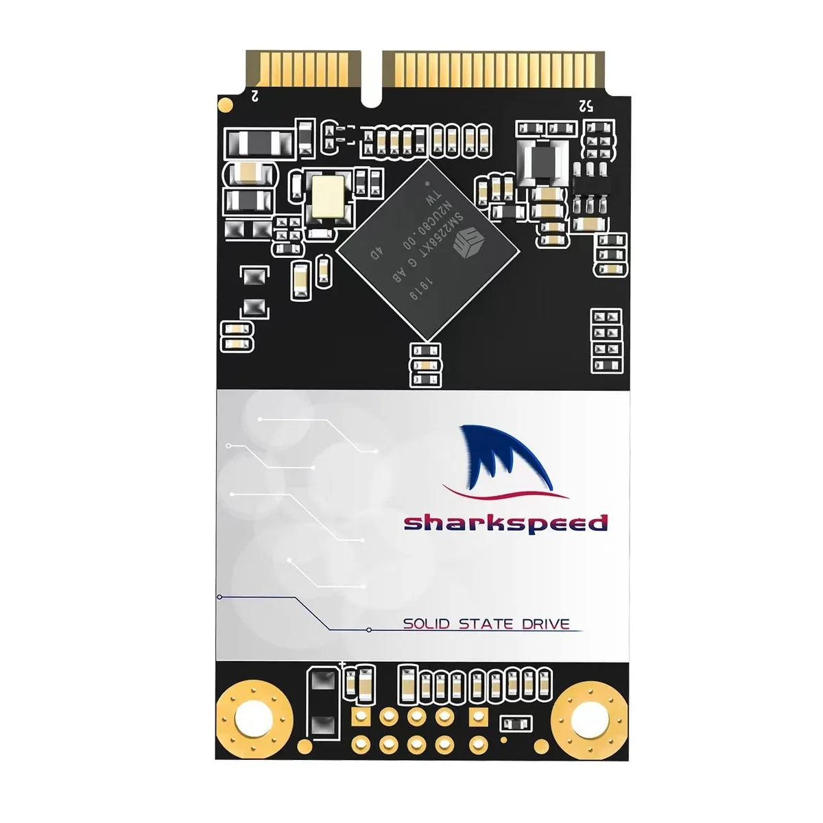 Rectangular mSATA SSD module with black label and gold edge connector