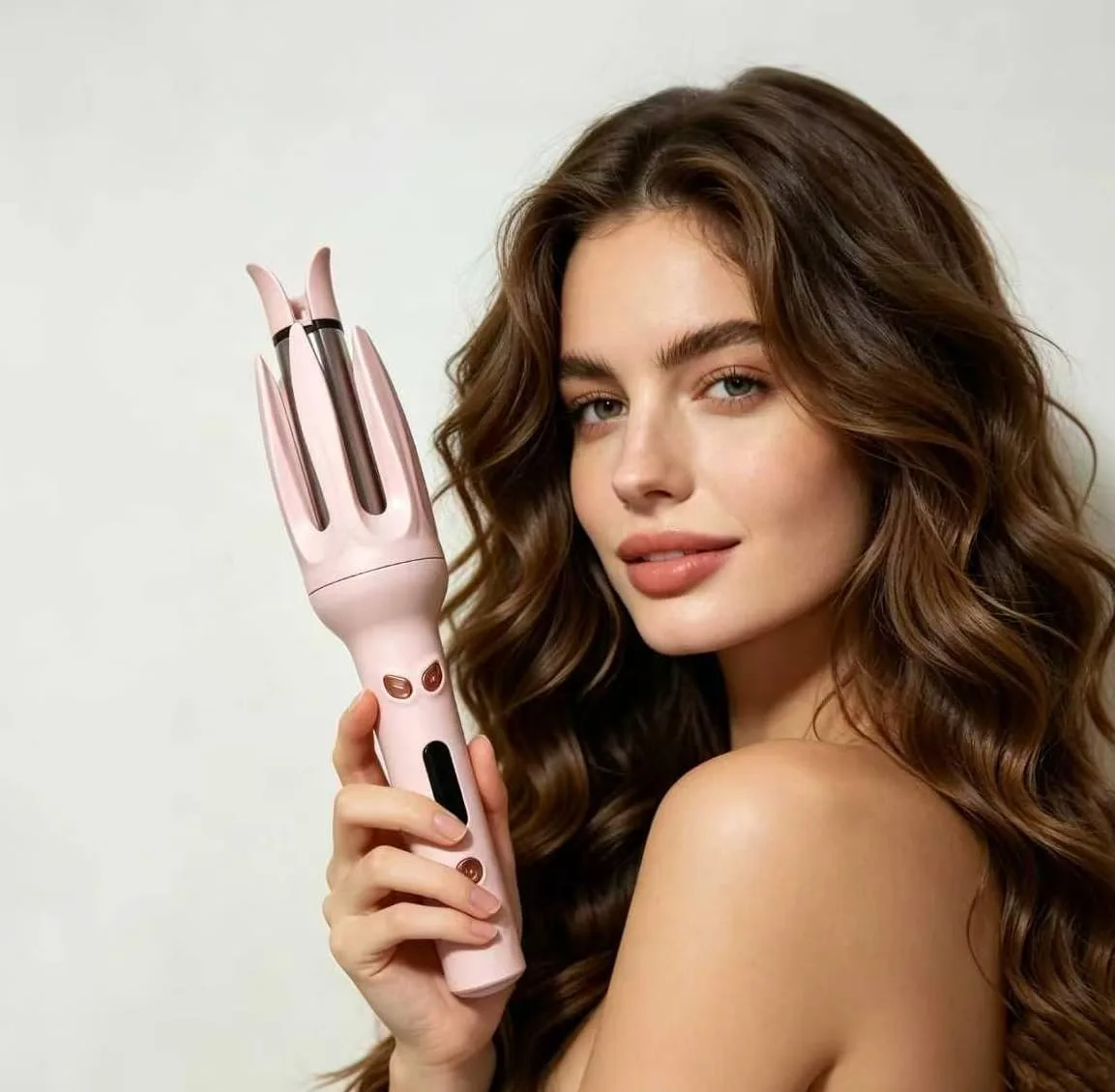 Pink automatic curling iron, cylindrical 12.0 in body, smooth ceramic tourmaline finish, lightweight 1.19 lb