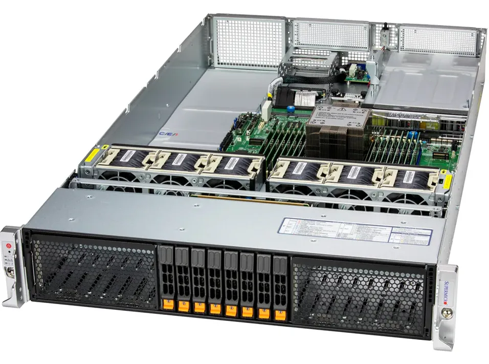 Silver 2U rack server chassis with eight front 2.5 inch drive bays
