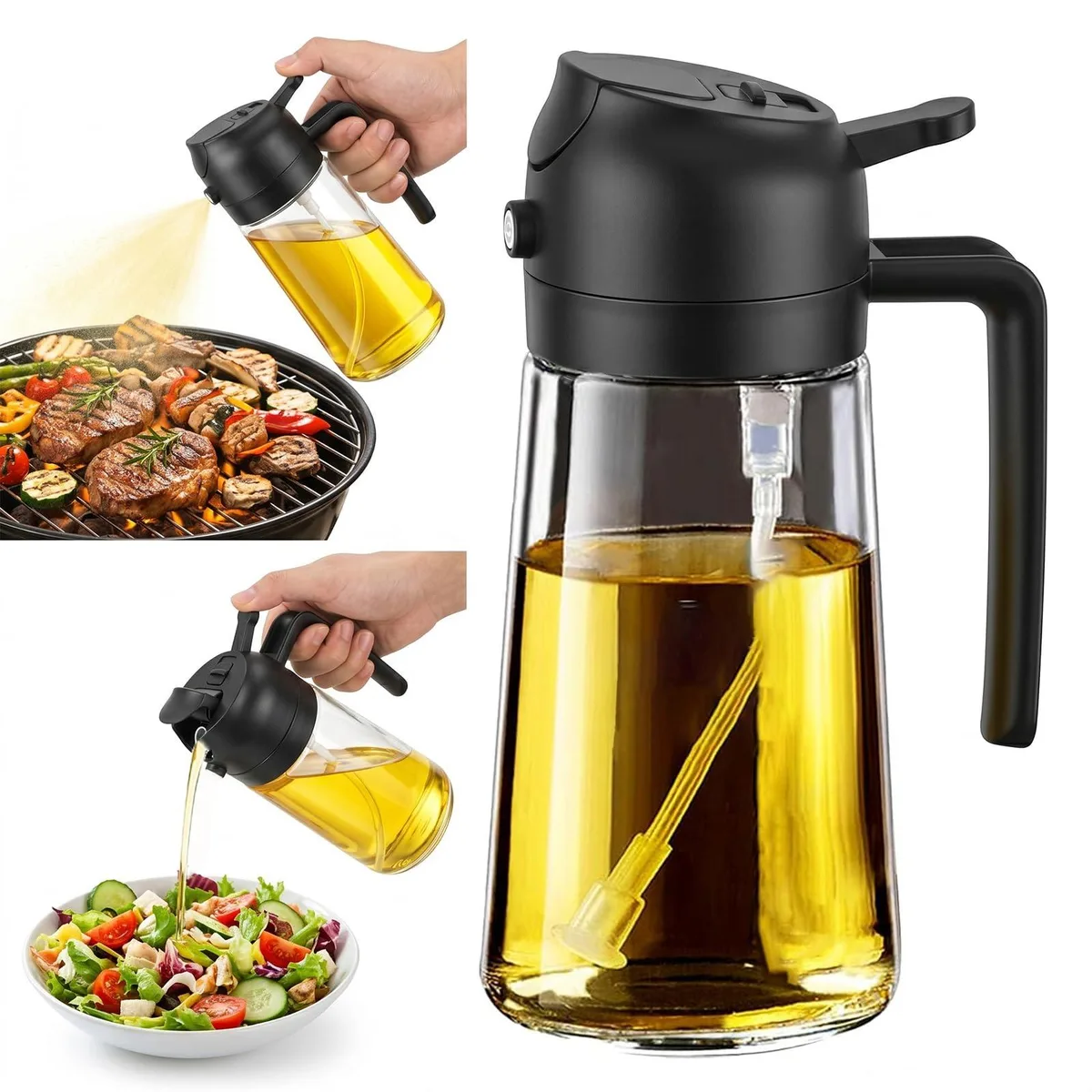 Black glass oil sprayer bottle with pump nozzle, 16oz capacity