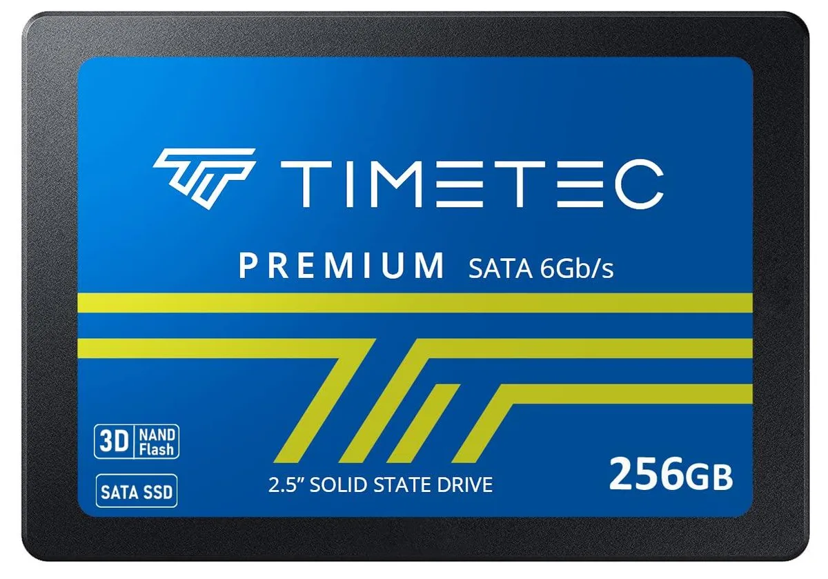 A black rectangular 2.5 inch SATA SSD with silver label
