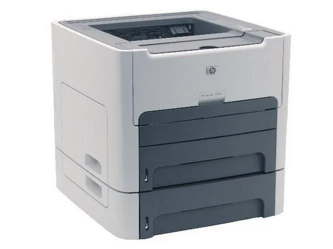 White rectangular office laser printer with lower paper tray, Ethernet port visible, matte grey finish