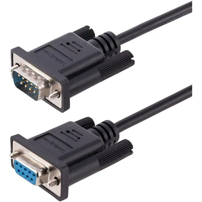 Black 3 metre RS232 crossover serial cable with male and female DB9 connectors and thumbscrews