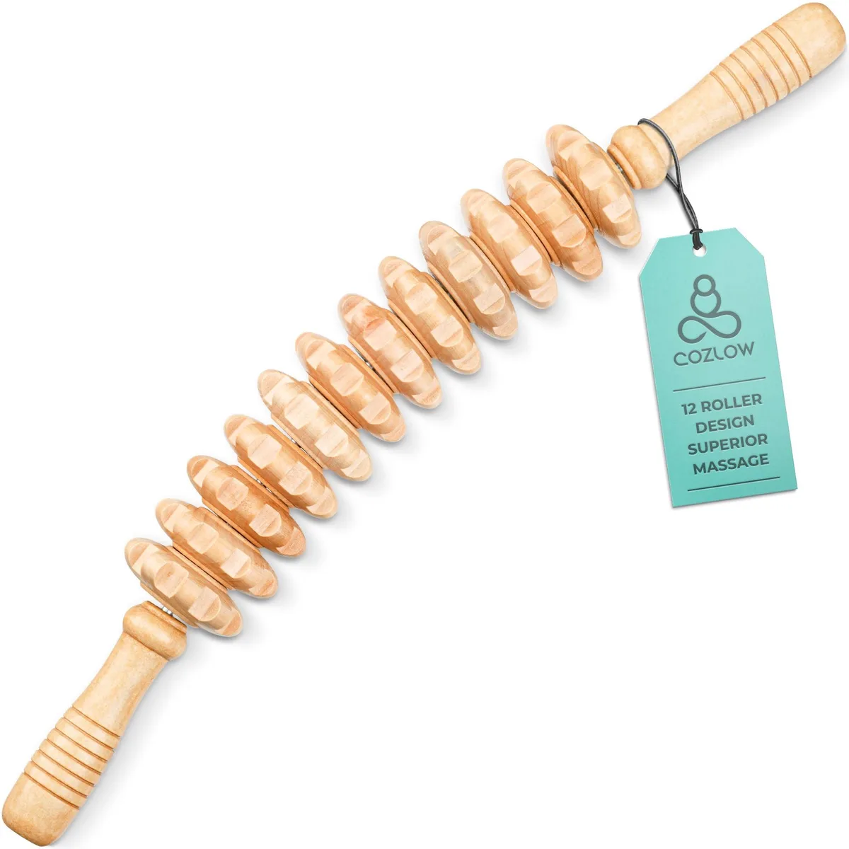 Beige wooden massage roller stick with twelve rollers curved shape forty-two centimetres long