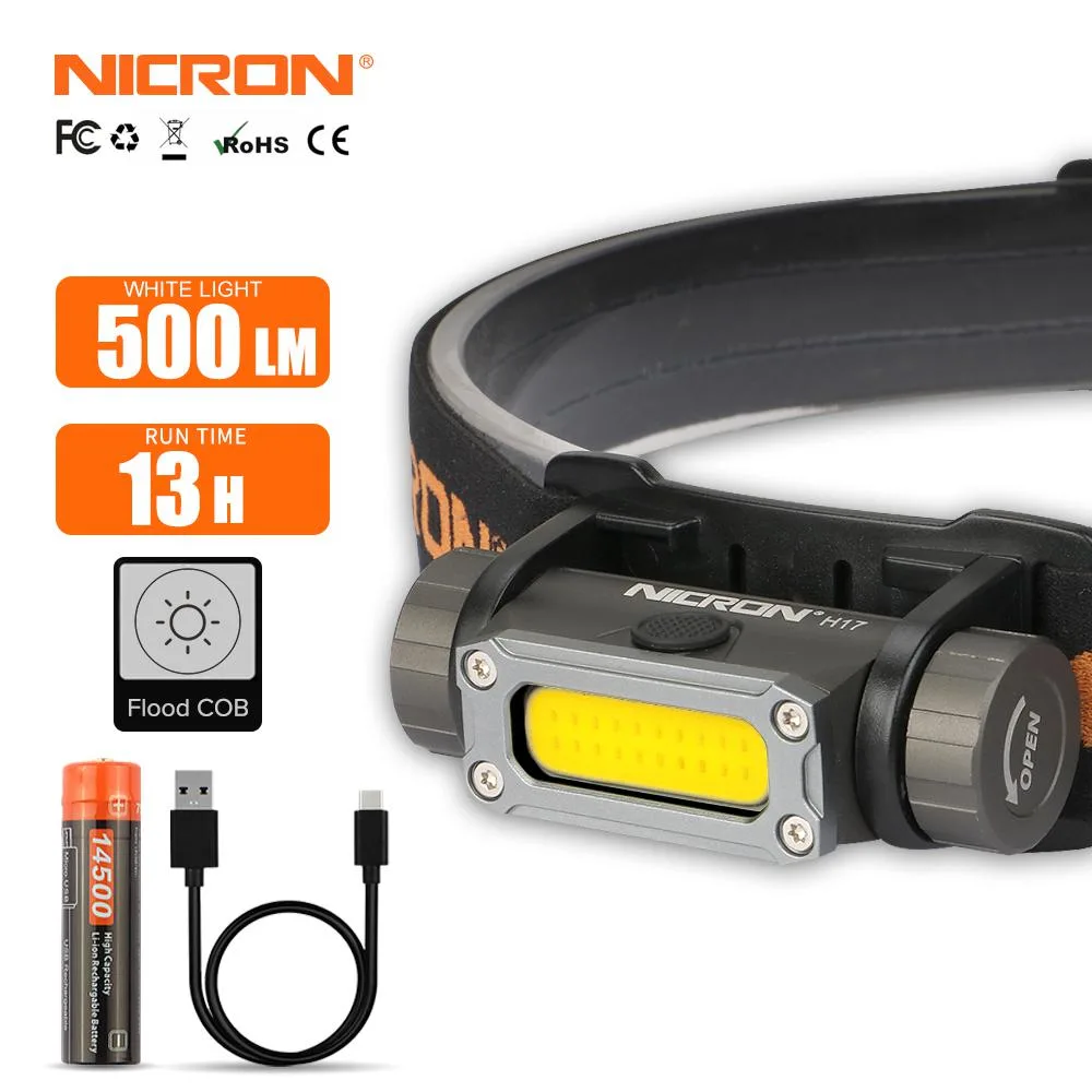 NICRON NICRON H17 COB headlamp 500lm rechargeable 14500 800mAh IPX4 black — product photo