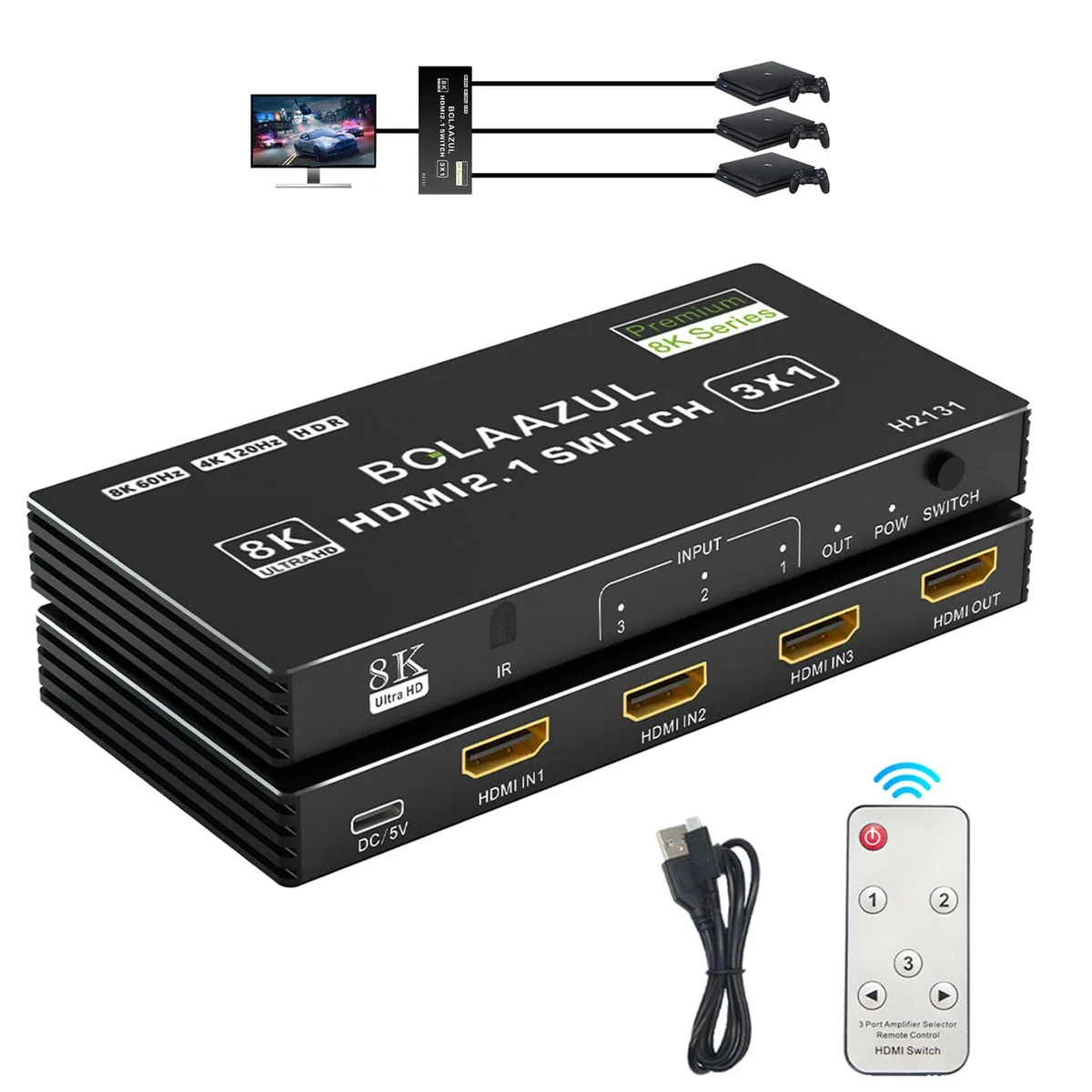 BUCIER BUCIER H2131 3×1 HDMI 2.1 video switch 48Gbps 4K120 8K60 2K144 black remote — product photo