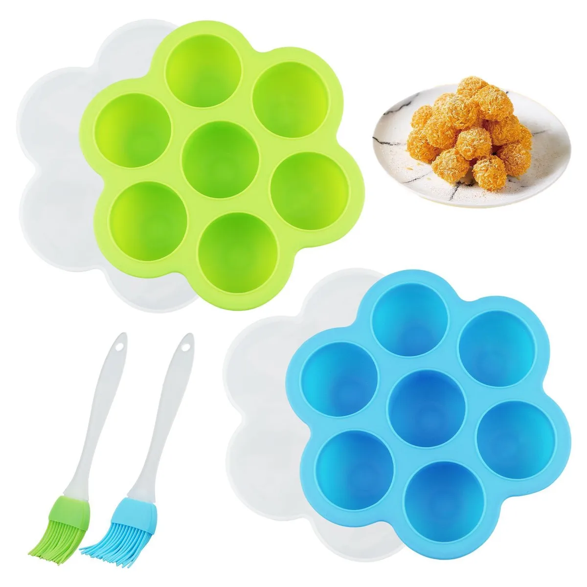 Two blue and green silicone trays with seven round cavities each plus two oil brushes