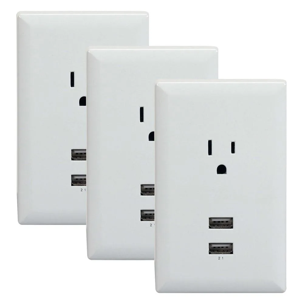 Three white wall-plate adapters each with two USB ports and one AC outlet pass-through