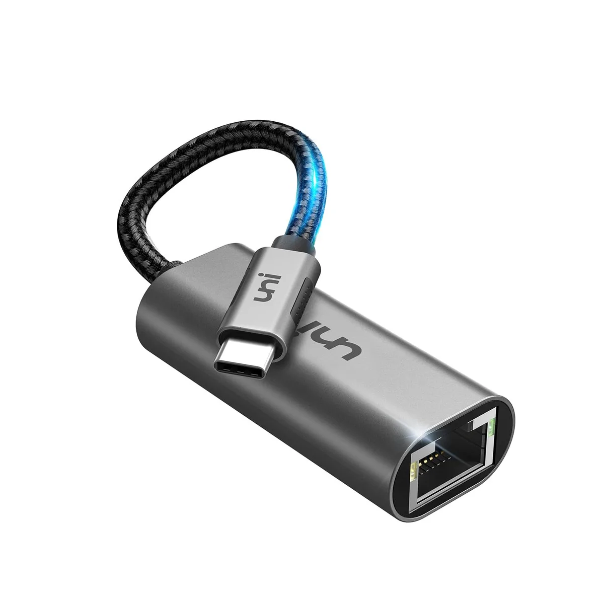 Compact grey USB-C to RJ45 adapter with braided cable and aluminium casing