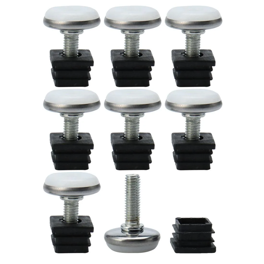 Eight black plastic tube inserts with threaded metal stems for 20mm square tubing