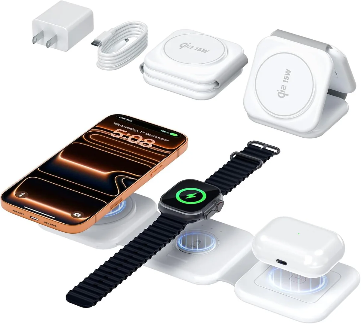 Luisport Luisport 15W 3-in-1 Foldable Qi2 Wireless Charger White — product photo