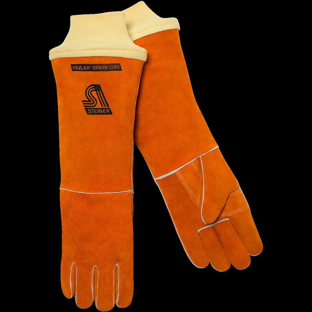 Brown cowhide welding gloves with gauntlet cuffs and wing thumb, 18 inches long