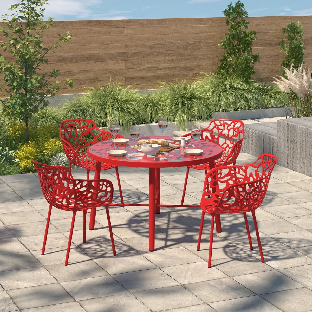 LeisureMod LeisureMod Devon Tree Design Glass Top Aluminum Base Patio Furniture, Red — product photo