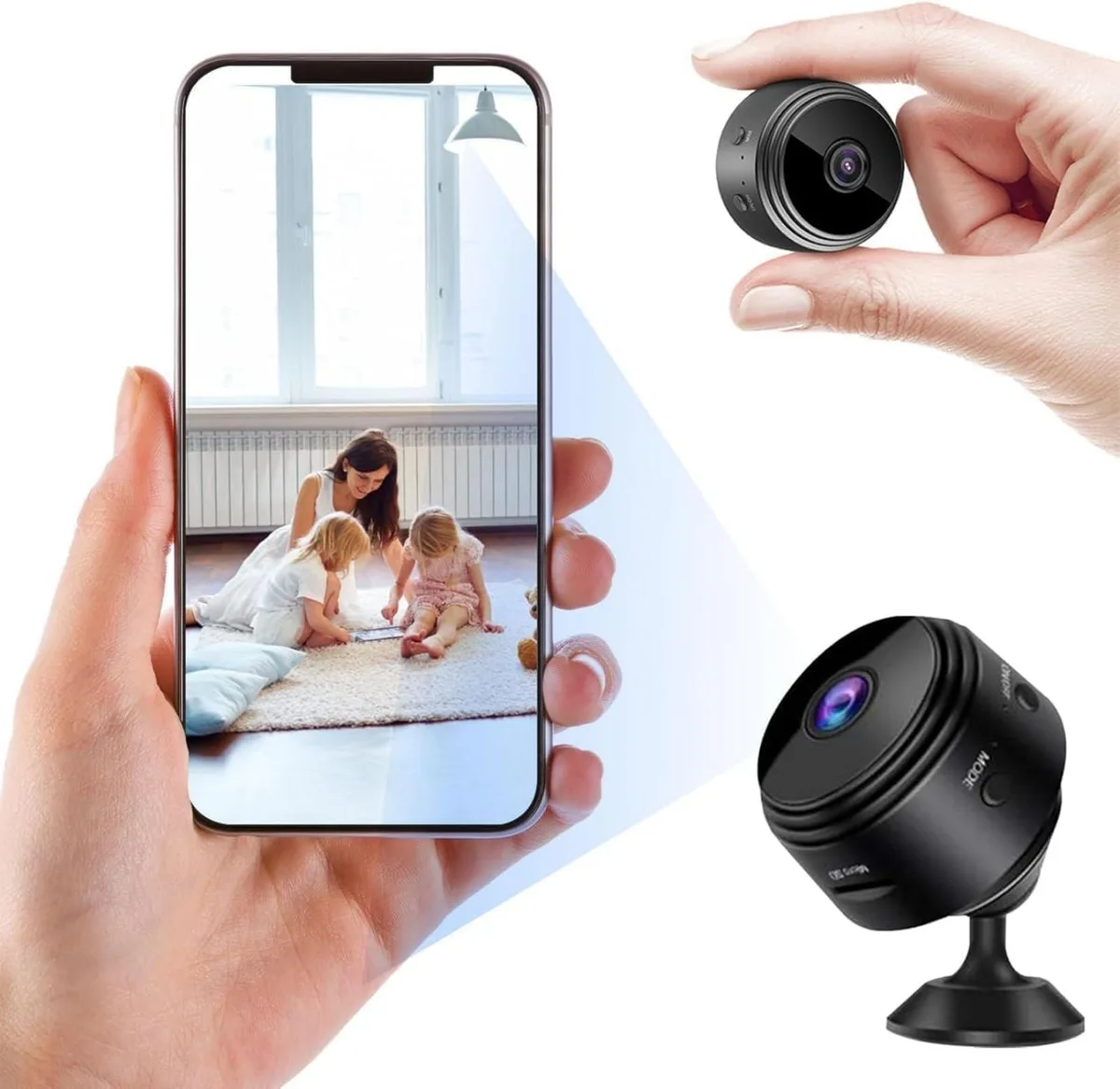 Small white indoor wireless camera with adhesive mount