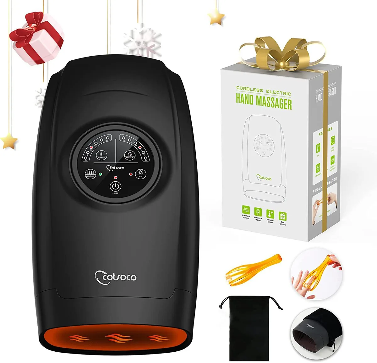 Black cordless hand massager with textured interior and control panel