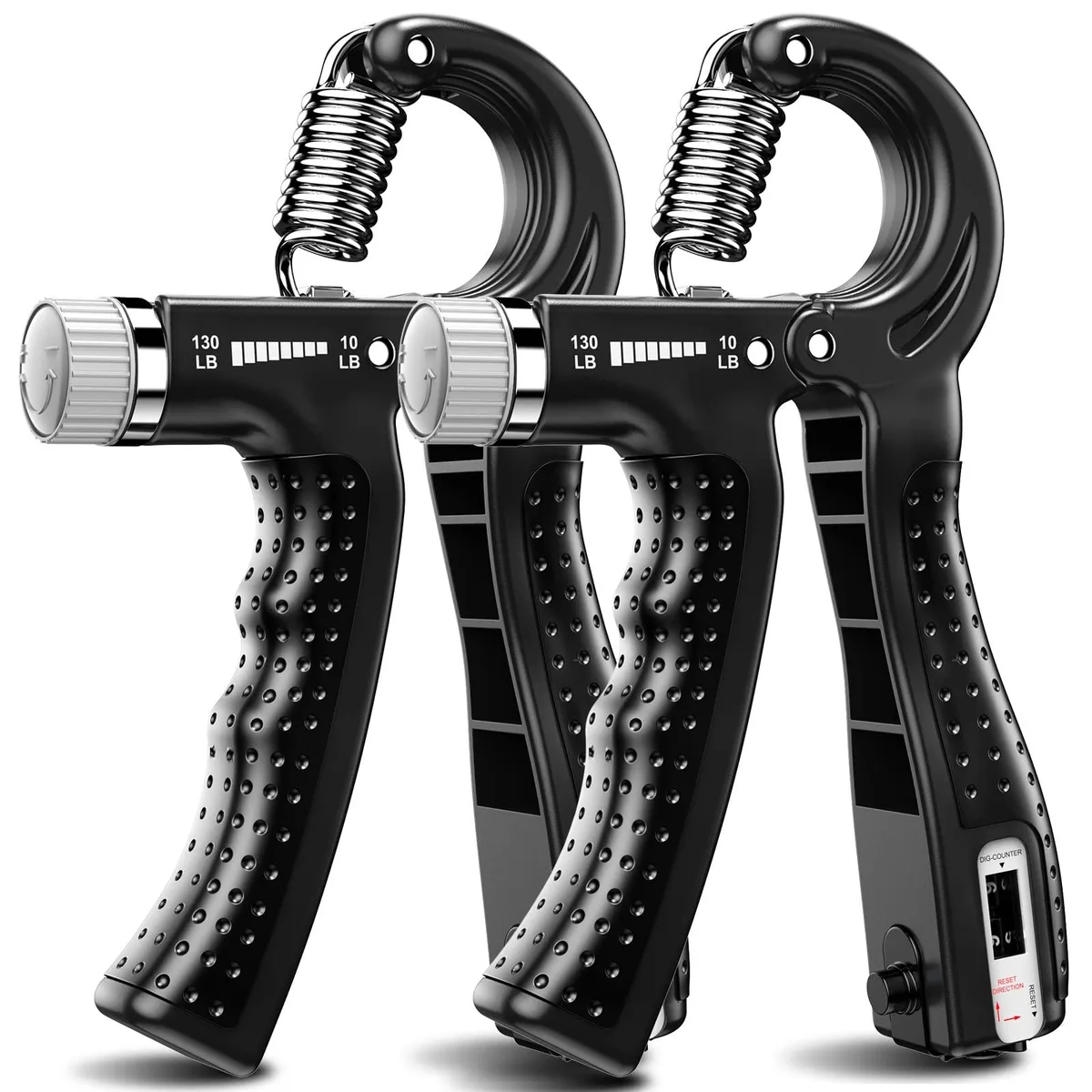 Two black adjustable hand grips with rubber handles and digital counters