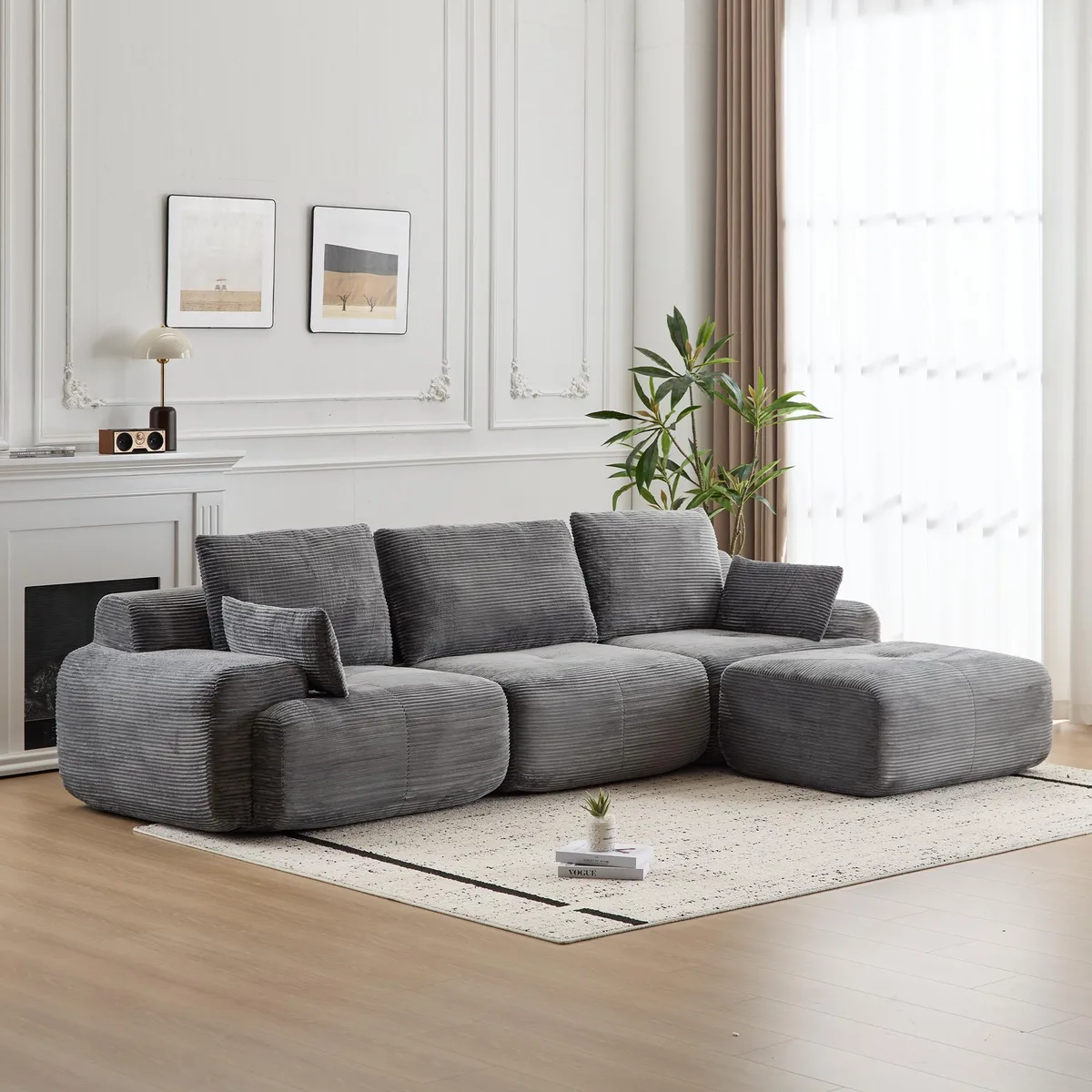 Grey corduroy sectional sofa with deep seats and scatter cushions