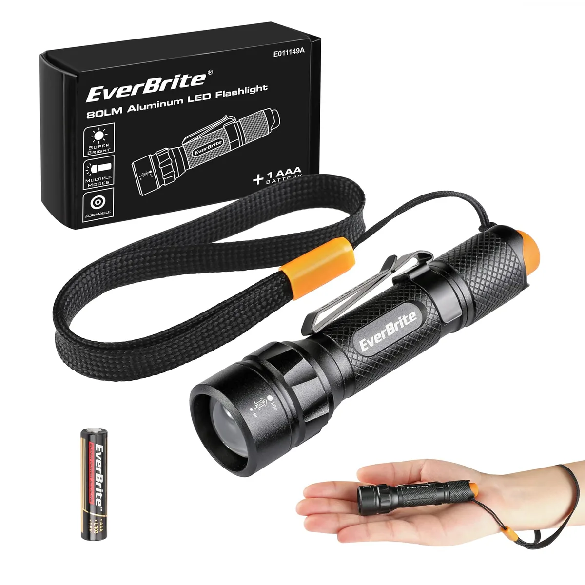 Small black aluminium flashlight with zoomable head and IPX4 rating