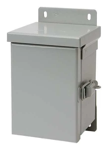 Gray powder-coated carbon steel wall-mount enclosure with hinged solid cover and quarter-turn latch