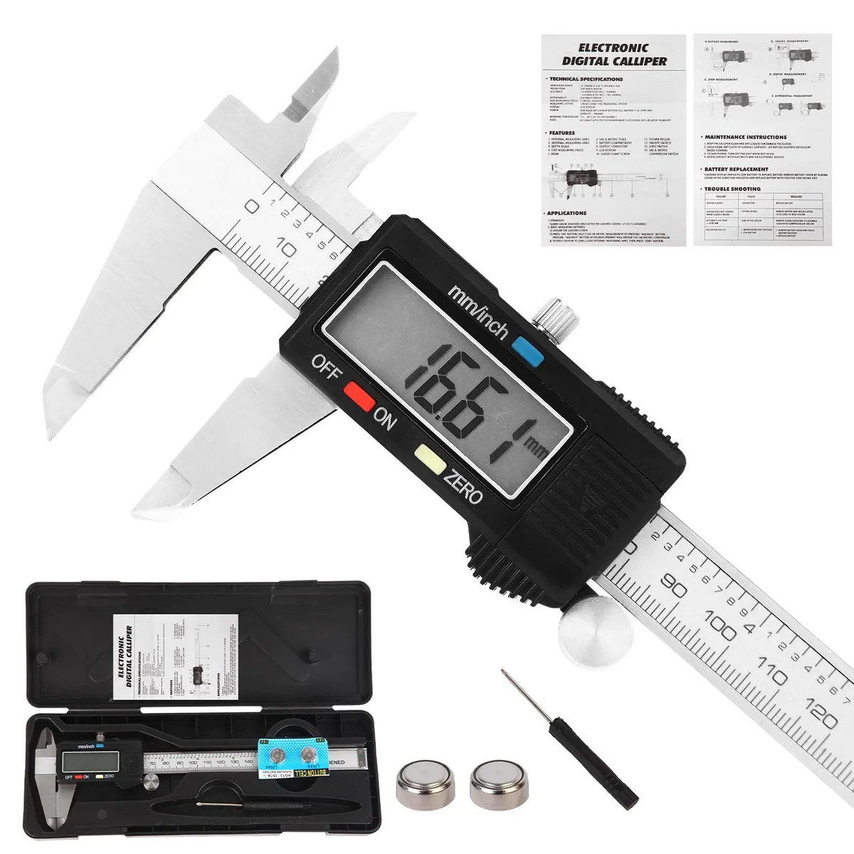 Stainless steel digital caliper with large LCD display and thumb roller