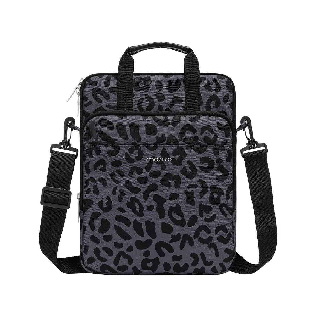 Black leopard-grain sleeve with front raised and horizontal pockets, adjustable shoulder strap and dual handles