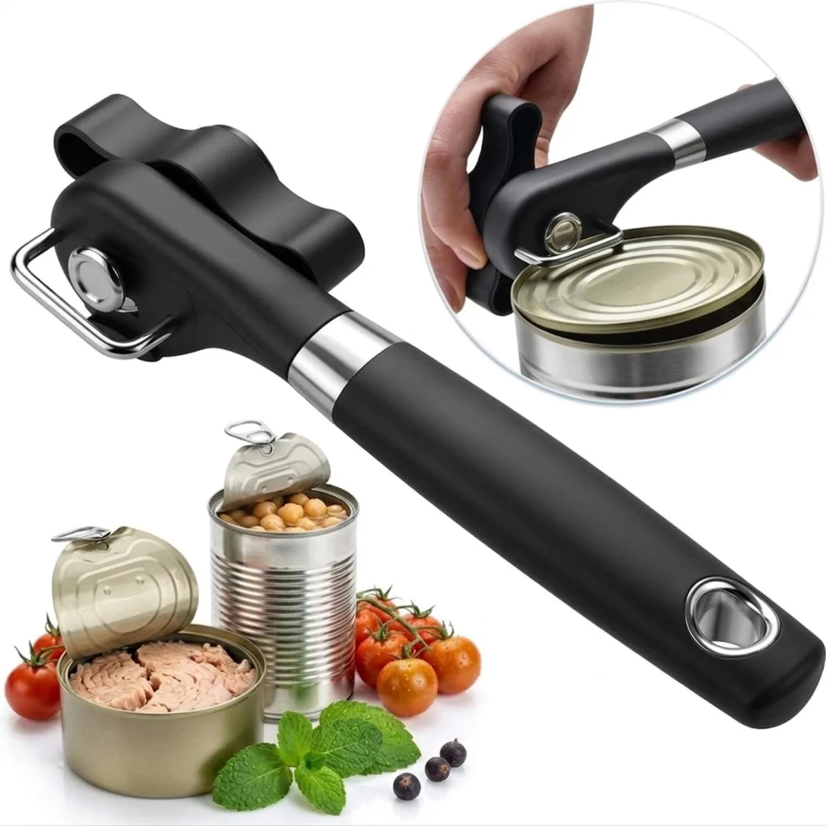 Black manual side-cut can opener, 8.2 in long with rubber handle and large turn knob