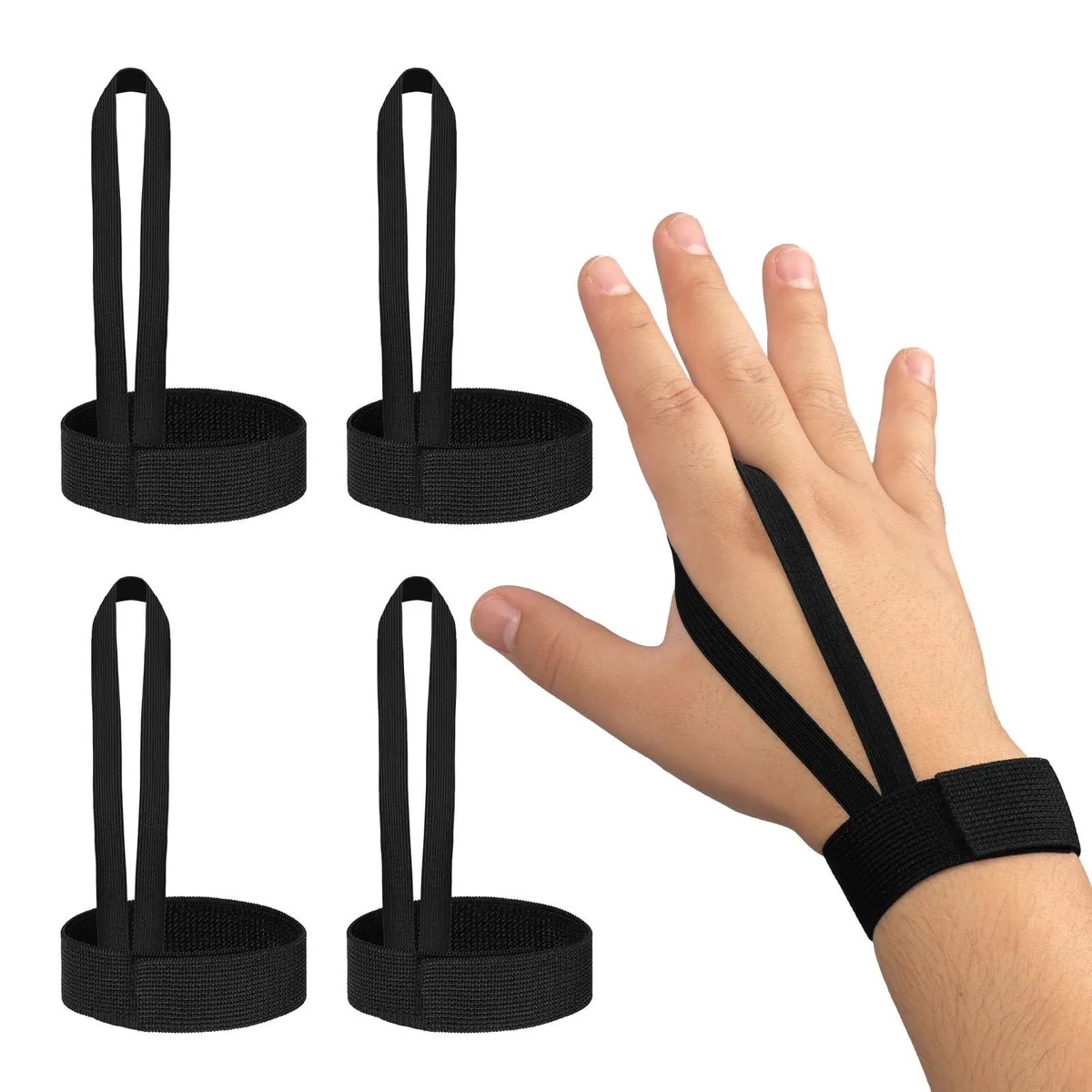 Four black nylon wristbands with finger loops and hook-and-loop fasteners