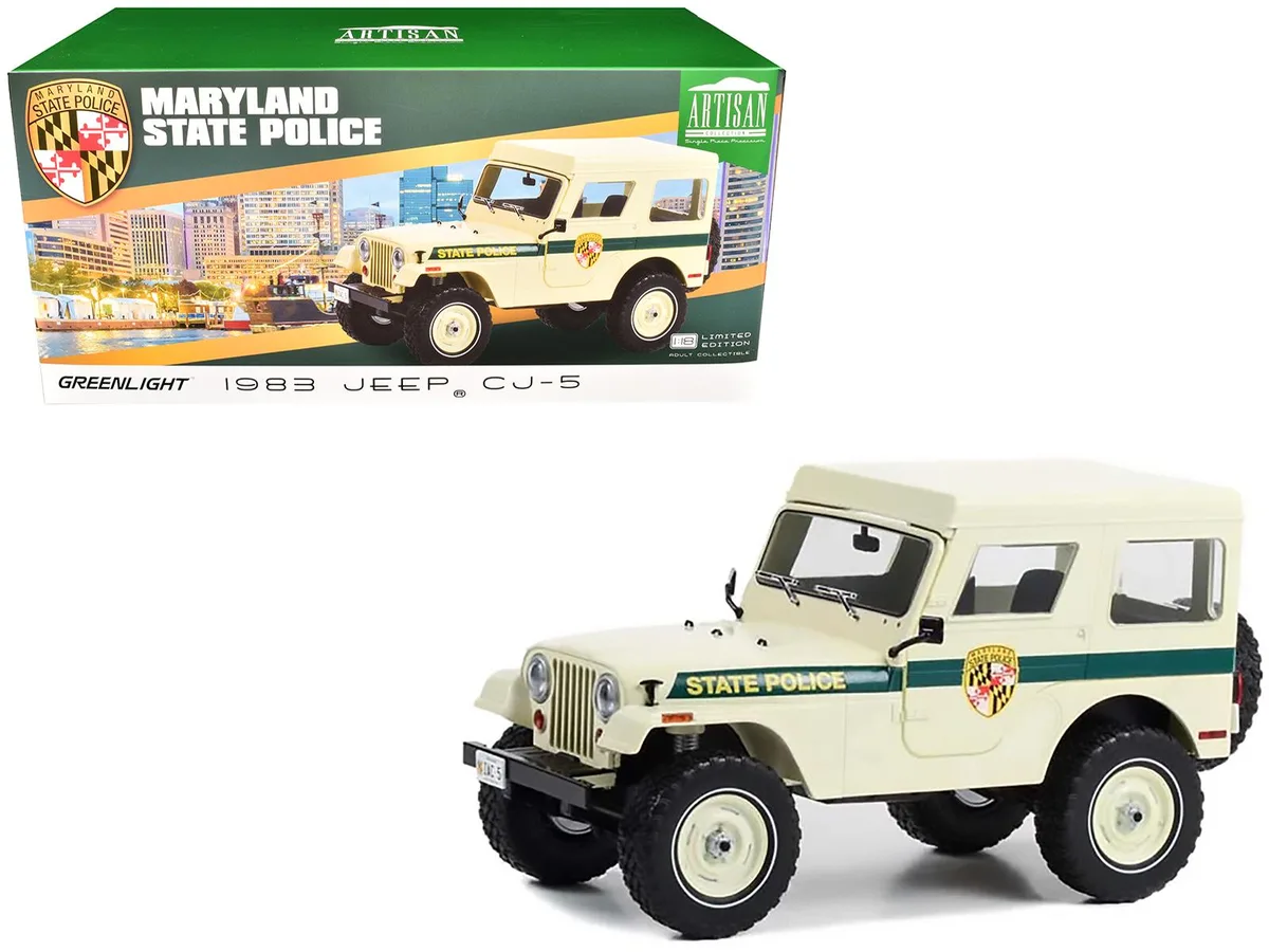 GREENLIGHT GREENLIGHT 1983 Jeep CJ-5 Hardtop Maryland State Police Beige Green Artisan Collection 1/18 Diecast — product photo