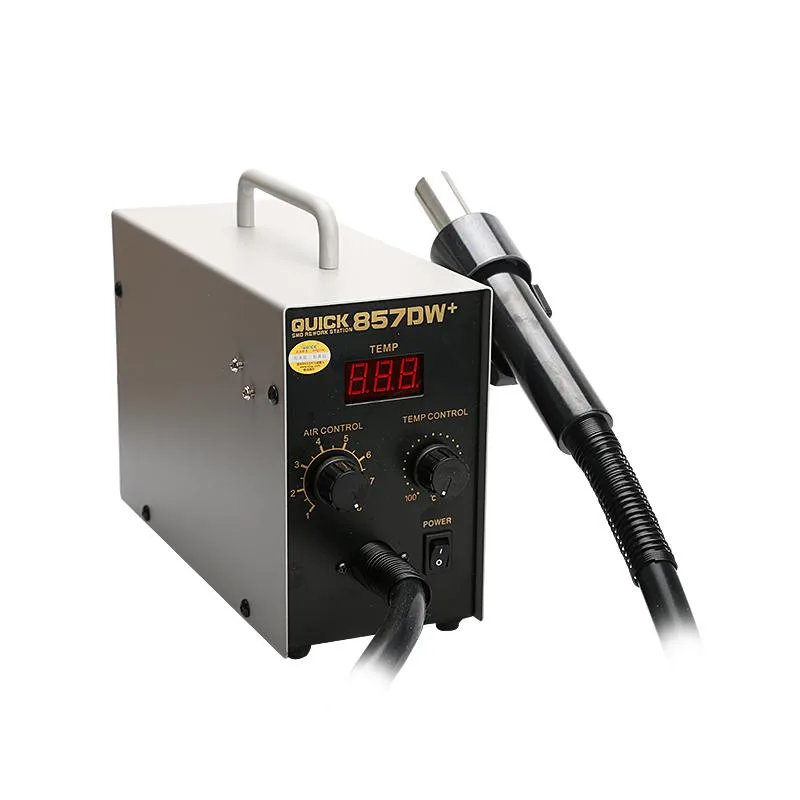 QUICK 857DW+ hot air soldering gun, grey plastic body with LCD display and control buttons