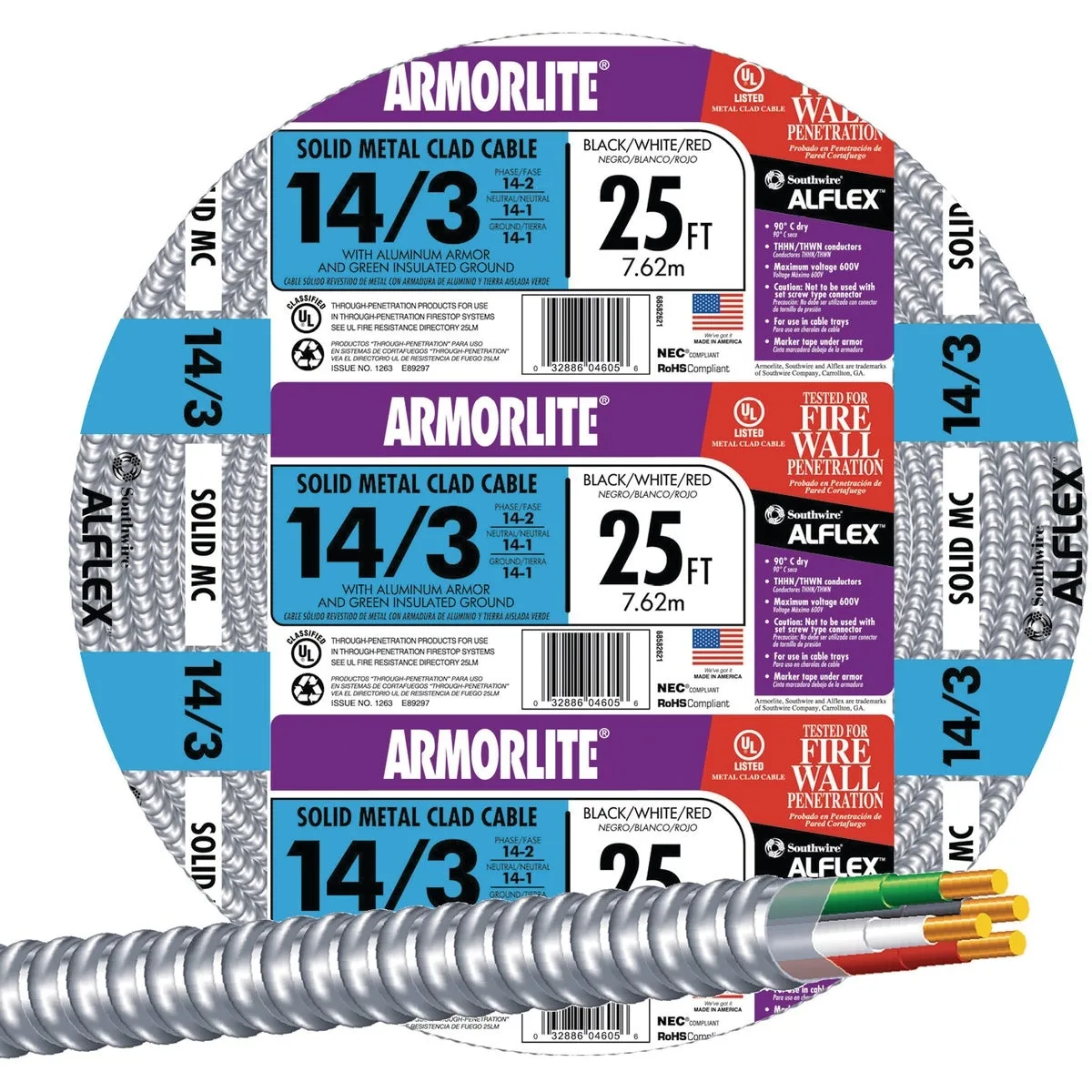 SOUTHWIRE COMPANY SOUTHWIRE COMPANY 68582621 14 AWG 3 Conductor Solid Metal Clad 600V 25 ft SLVR industrial wire — product photo
