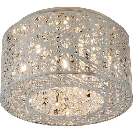 Polished chrome flush mount with seven crystal lights, fifteen point seven five inches wide