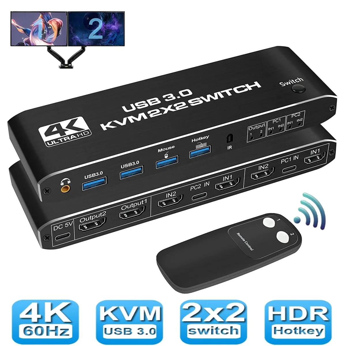 AUTYUE AUTYUE USB 3.0 HDMI KVM Switch 2x2 4K@60Hz Dual Monitor with Audio Black — product photo