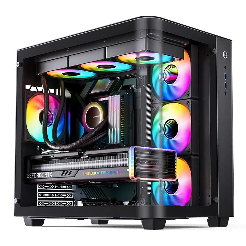 Black ATX tower with one-piece curved glass side panel, column-less design, steel frame, 270-degree view