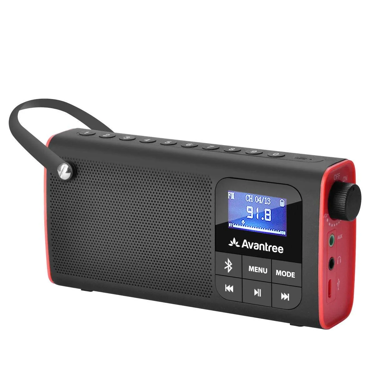 Black rectangular pocket radio with LED display and rounded edges