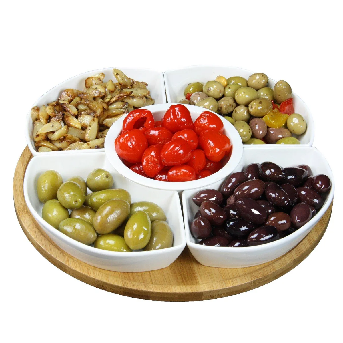 White stoneware lazy Susan set with five striped bowls on a bamboo rotating tray