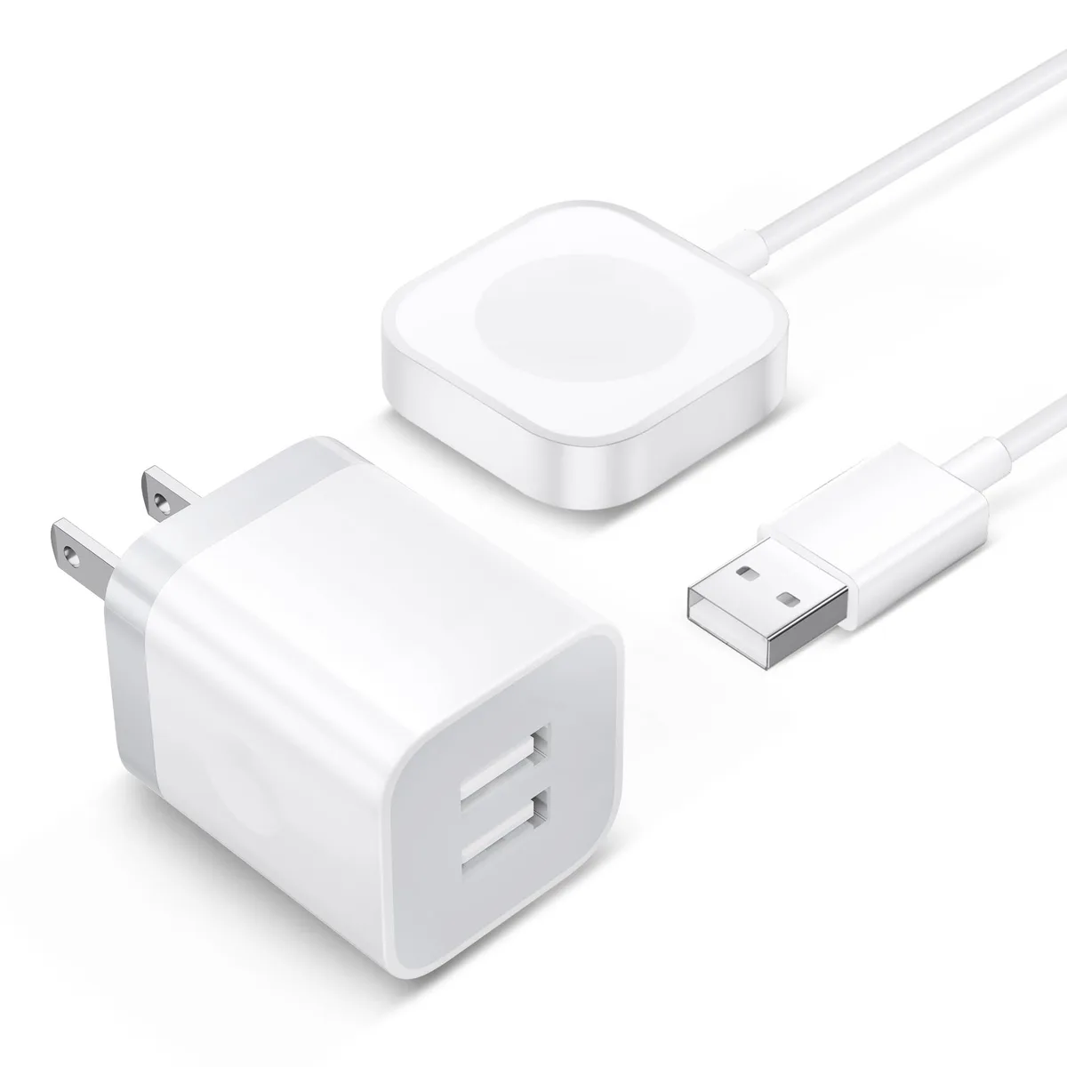 White magnetic Apple Watch charger with 3ft cable and dual USB wall adapter