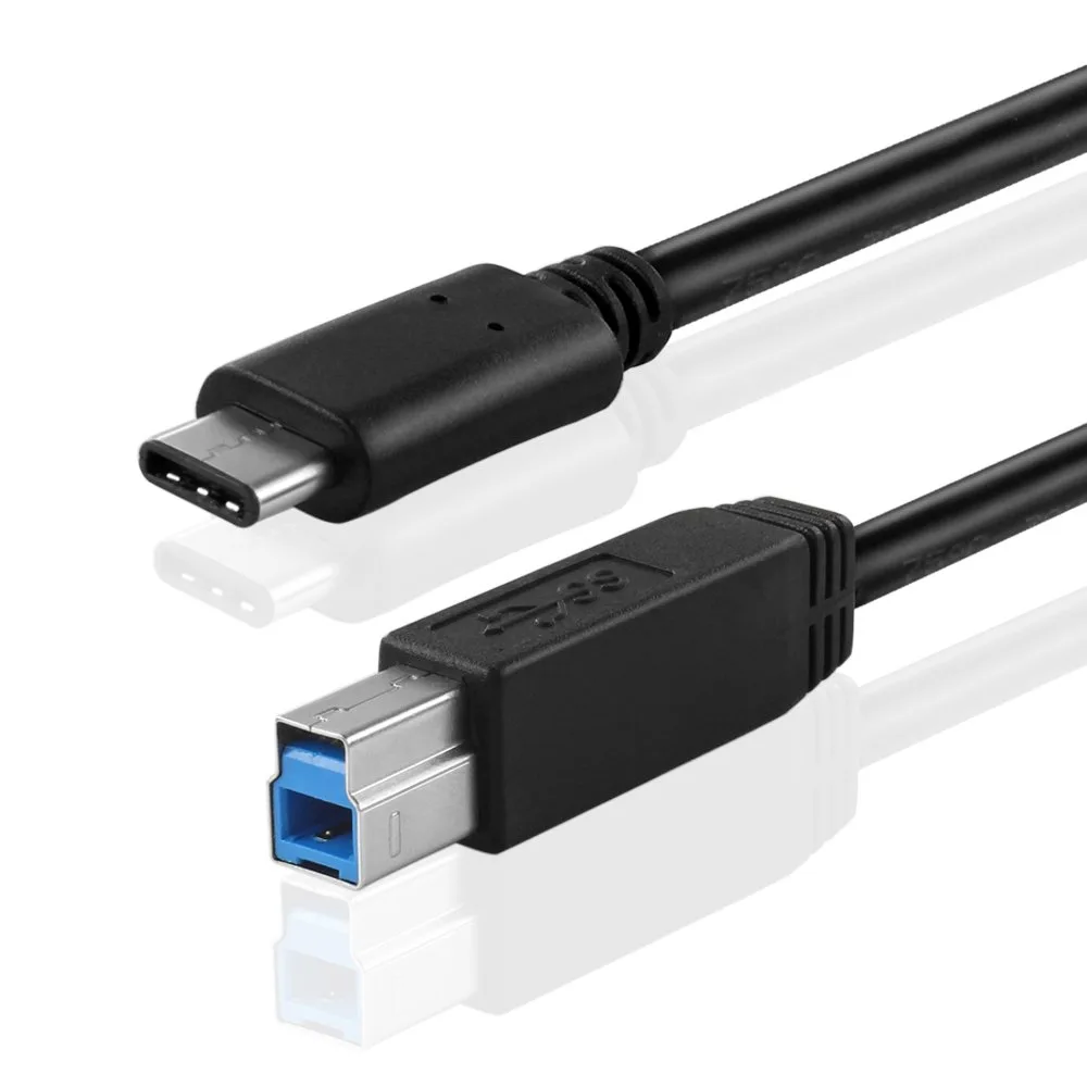 Black USB-C to USB 3.0 Type B cable, 3ft, low-profile reversible connectors