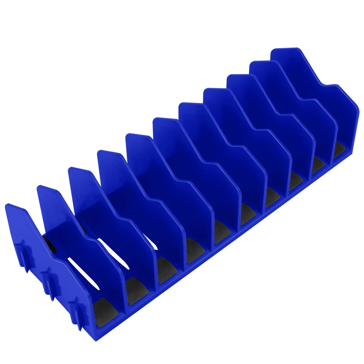 Blue rectangular plier organizer with ten slots and non-slip rubber base