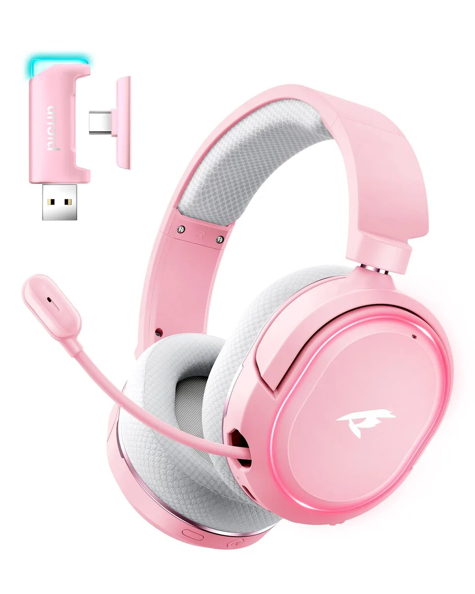 White and pink over-ear wireless gaming headset with retractable microphone, fabric ear cushions and RGB lighting